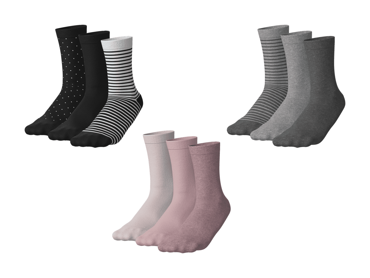 Drei Paare Socken: schwarz gepunktet, einfarbig schwarz, schwarz-weiß gestreift, grau gestreift, einfarbig grau und einfarbig rosa.