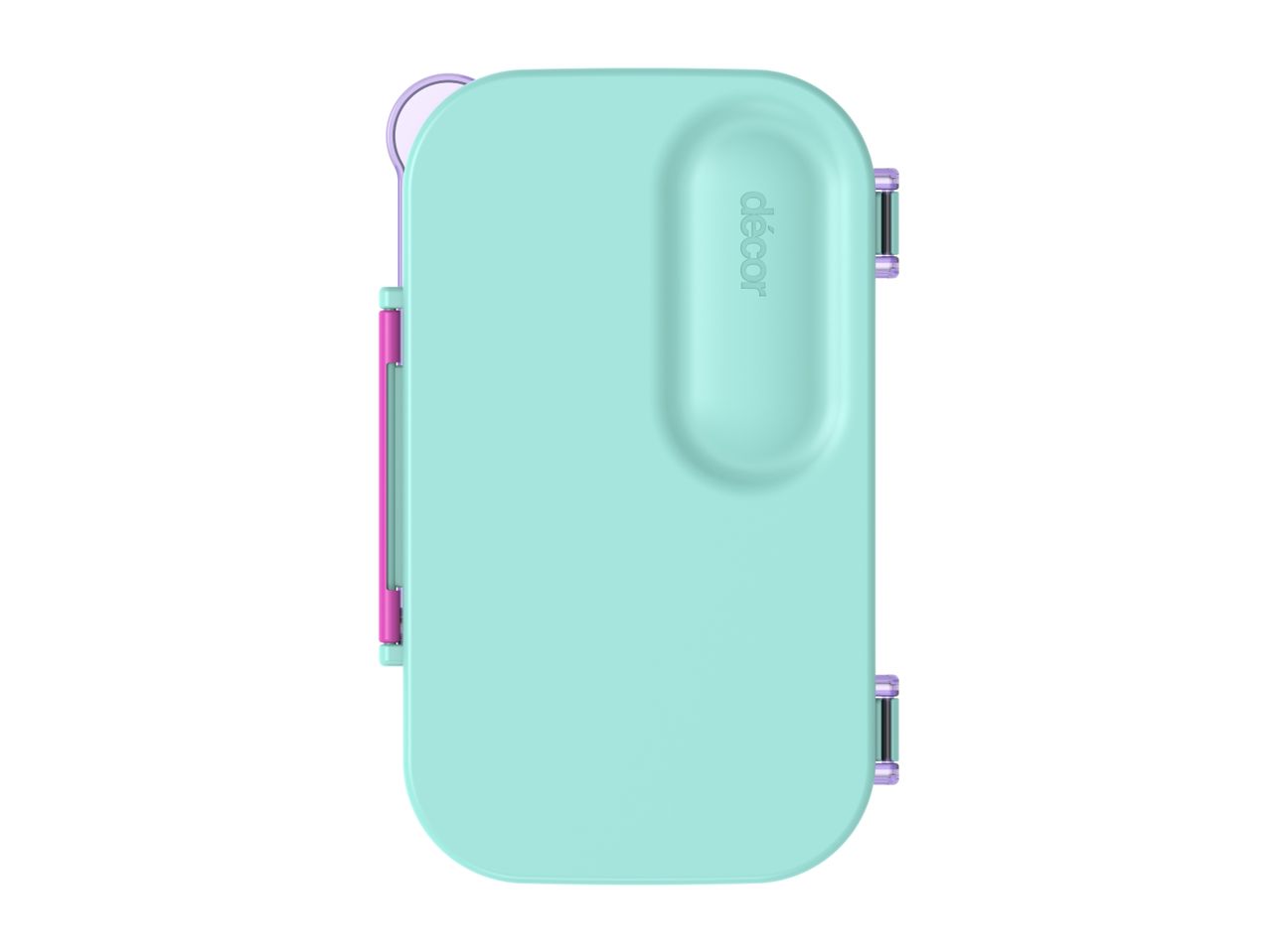 Mint green lunchbox with pink and purple accents, featuring a spoon and a debossed logo.