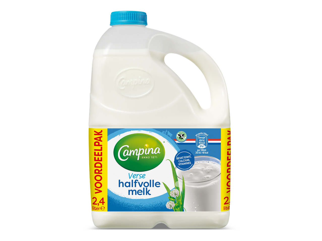 Witte kan met 2,4 liter halfvolle melk, met een blauw etiket en een glas melk.