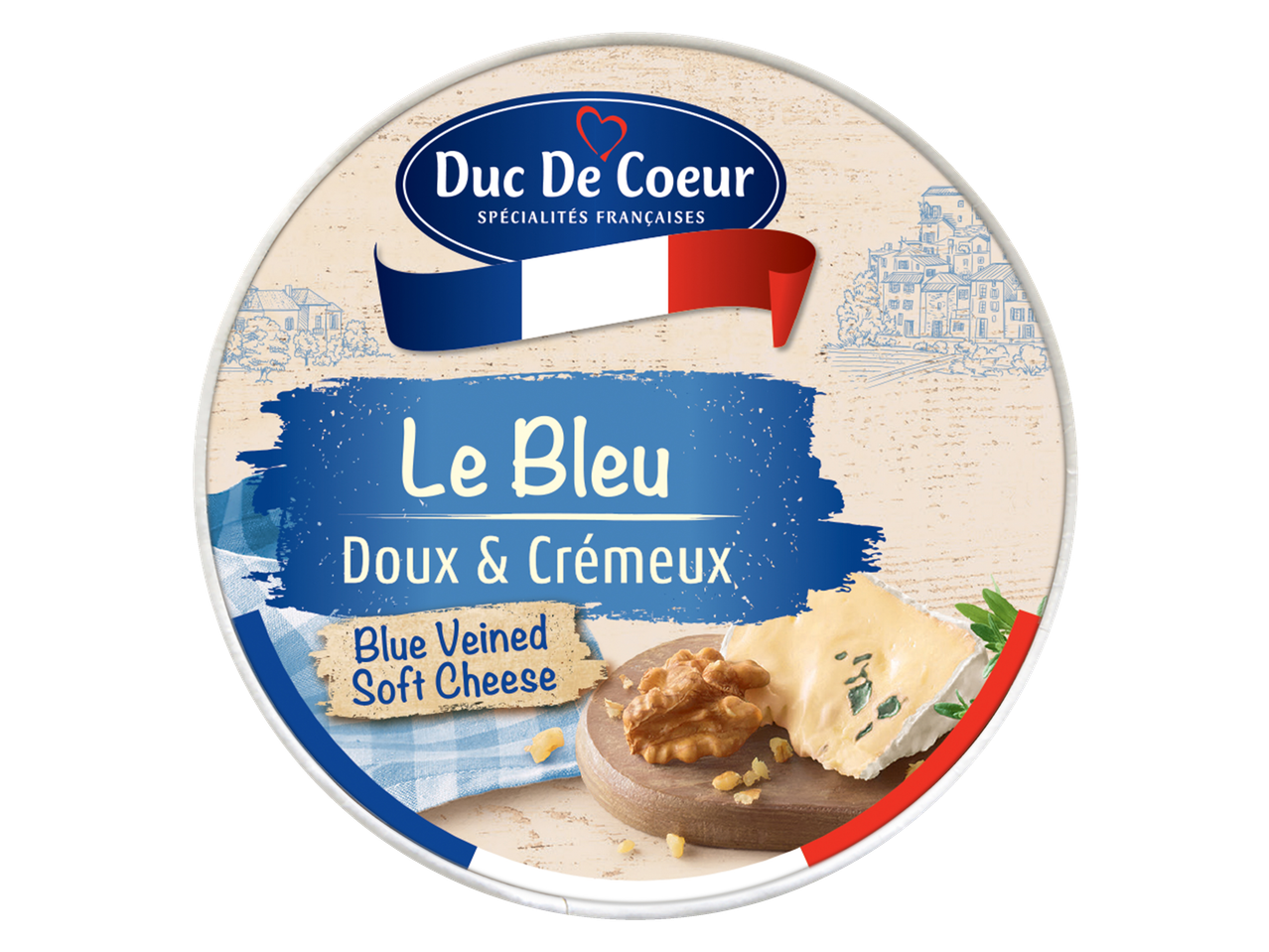 Duc de Coeur Blue Veined Soft Cheese packaging with cheese, walnuts, and herbs.