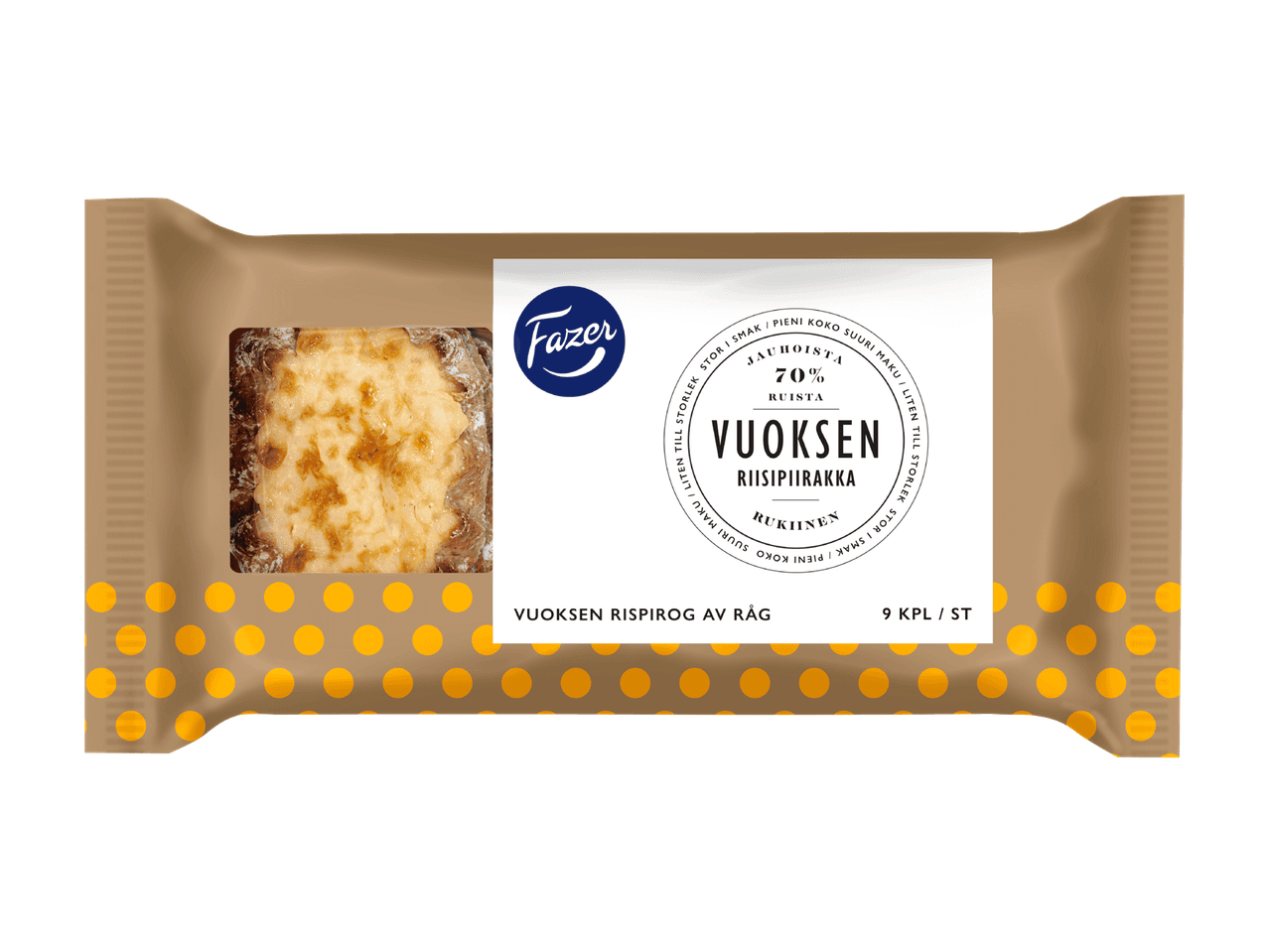 Ruskea pakkaus, jossa on ikkuna riisipiirakkaan ja pyöreä etiketti, jossa lukee 'Vuoksen riisipiirakka'.