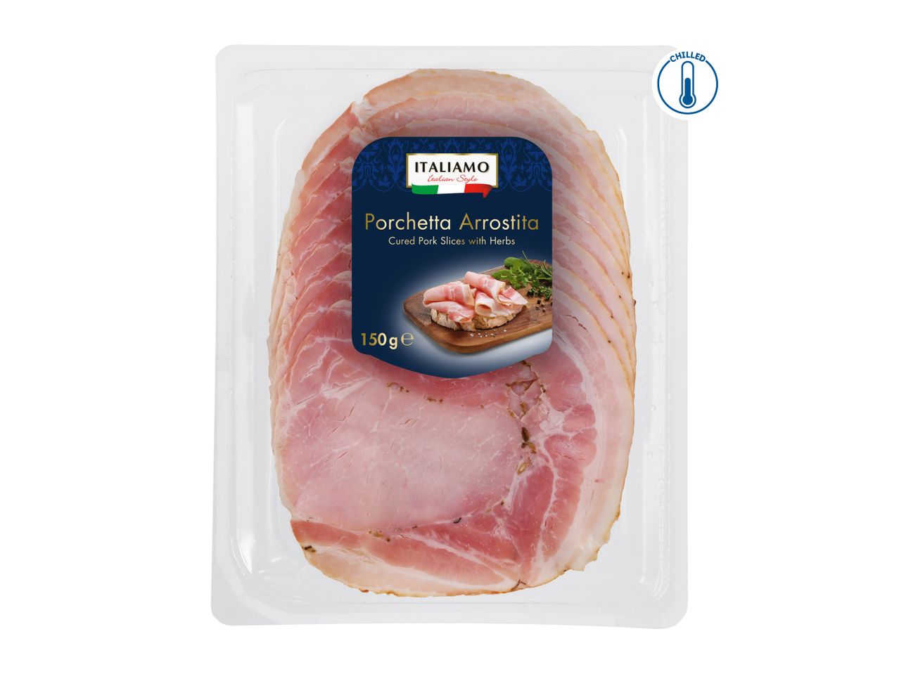 Pack of cured pork slices with herbs, labeled 'Porchetta Arrostita', 150g, chilled.
