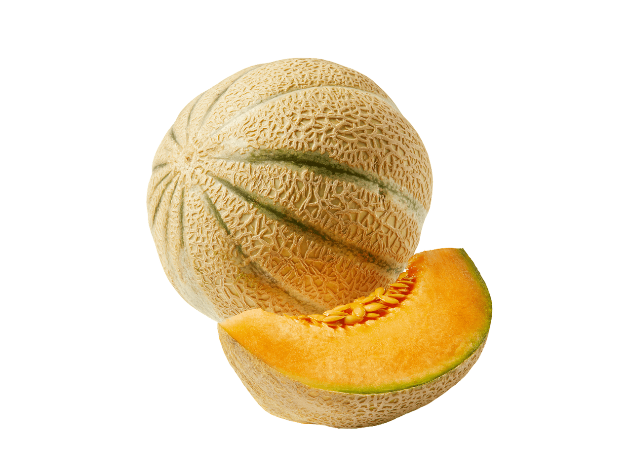 Cantaloupe dinja sa kriškom, prikazujući narandžasto meso i semenke.