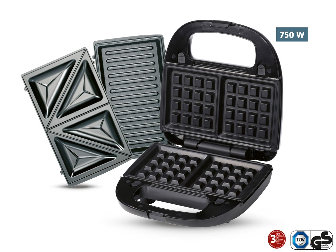 Trostruki aparat za vafle, sendviče i tost od 750 W s oznakama TÜV i GS.