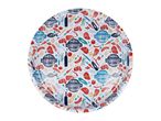 Round serving tray with a colorful barbecue pattern featuring grills, meat, vegetables, and utensils.