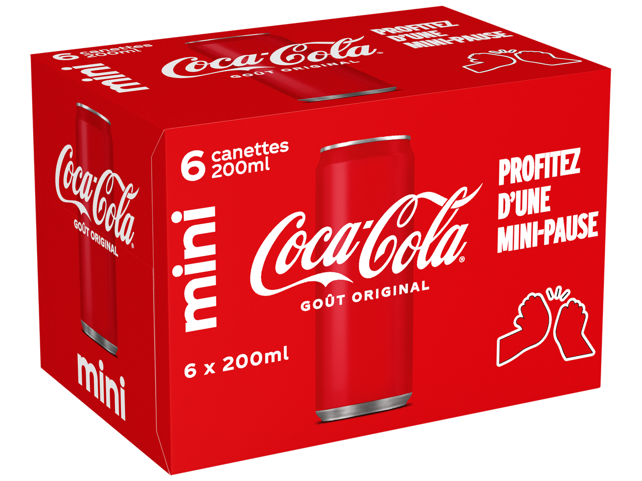 Un pack de 6 canettes de boisson gazeuse rouge de 200 ml, avec l'inscription 'mini' et 'goût original'.
