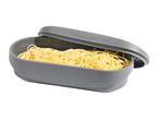 Grey pasta cooker with a lid, filled with cooked spaghetti, on a white background.