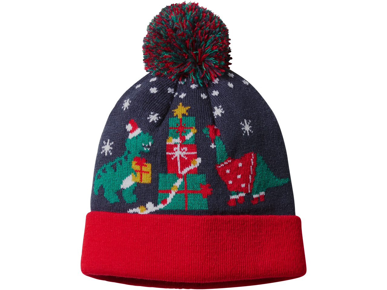 Christmas beanie with a pom-pom, featuring dinosaurs, a Christmas tree, and presents.