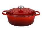 Red enameled cast iron Dutch oven with a lid and a silver knob.