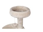 Beige cat tree with a round top platform and dangling toy.