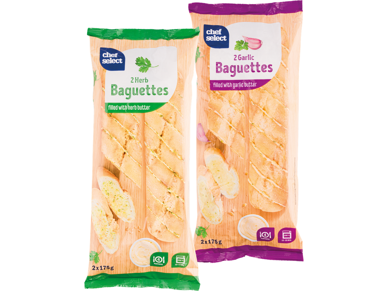 Två förpackningar med Chef Select baguetter, en med örtsmör och en med vitlökssmör.