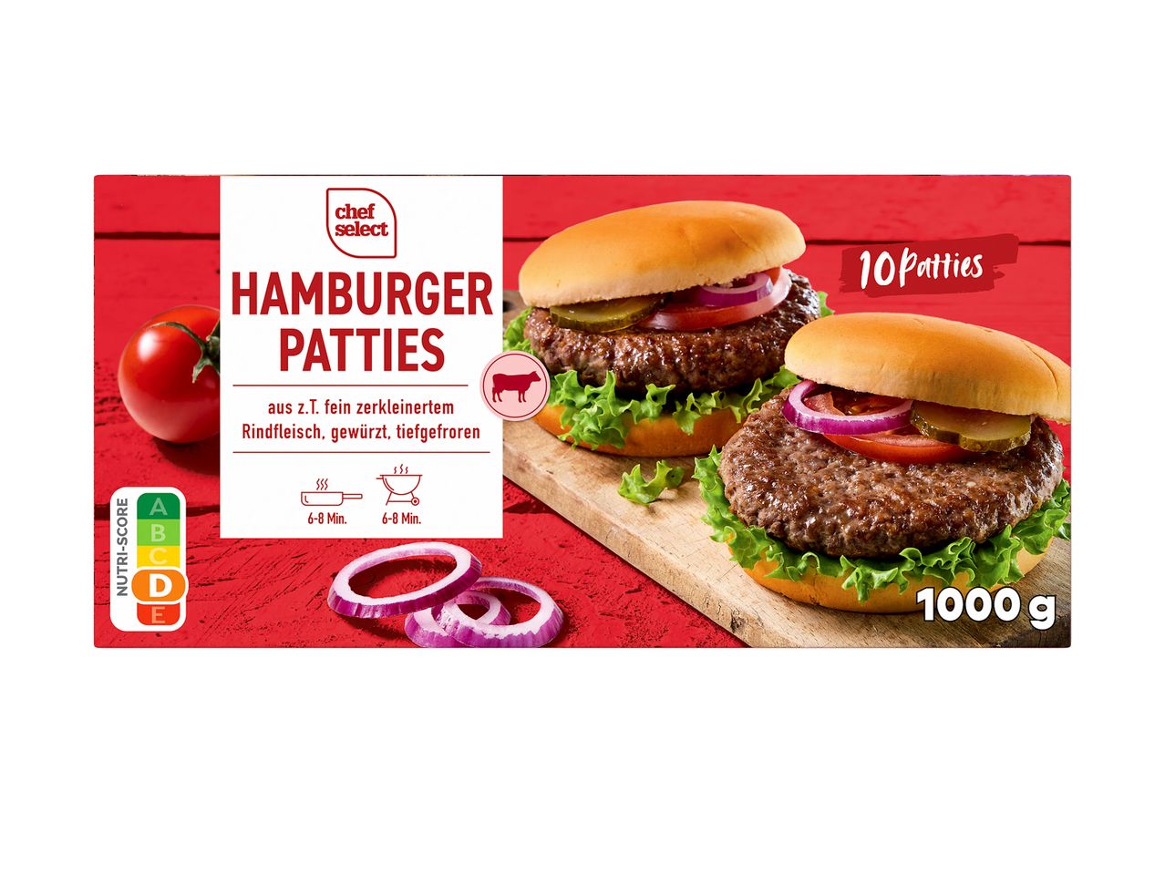 Packung Hamburger Patties mit 10 Stück, 1000g, Nutri-Score D, mit Zubereitungshinweisen.