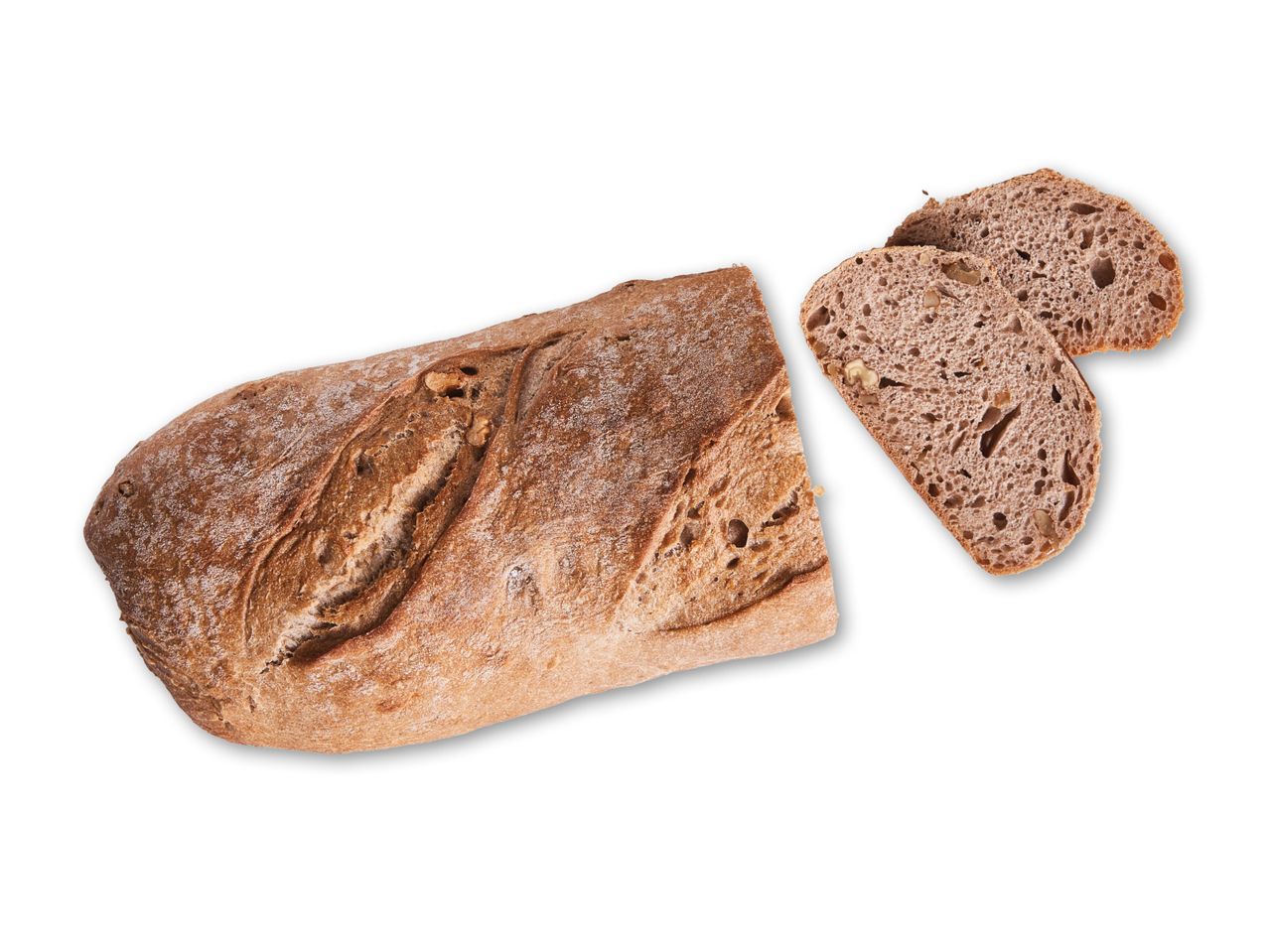 Et brød med valnødder, hvoraf to skiver er skåret fra.