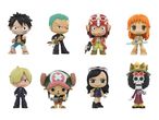 Eight One Piece chibi-style collectible figures.