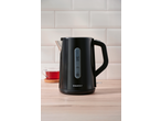 Black electric kettle with a water level indicator on a wooden surface, with a cup of tea in the background.