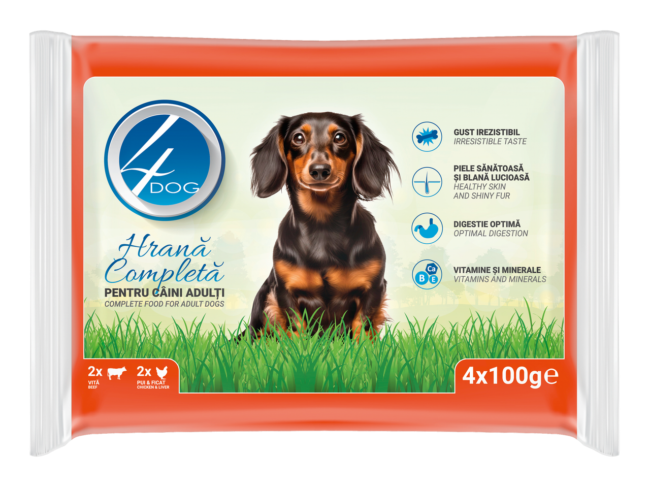 Pachet de hrană completă pentru câini adulți, cu 2x vită și 2x pui & ficat, 4x100g.