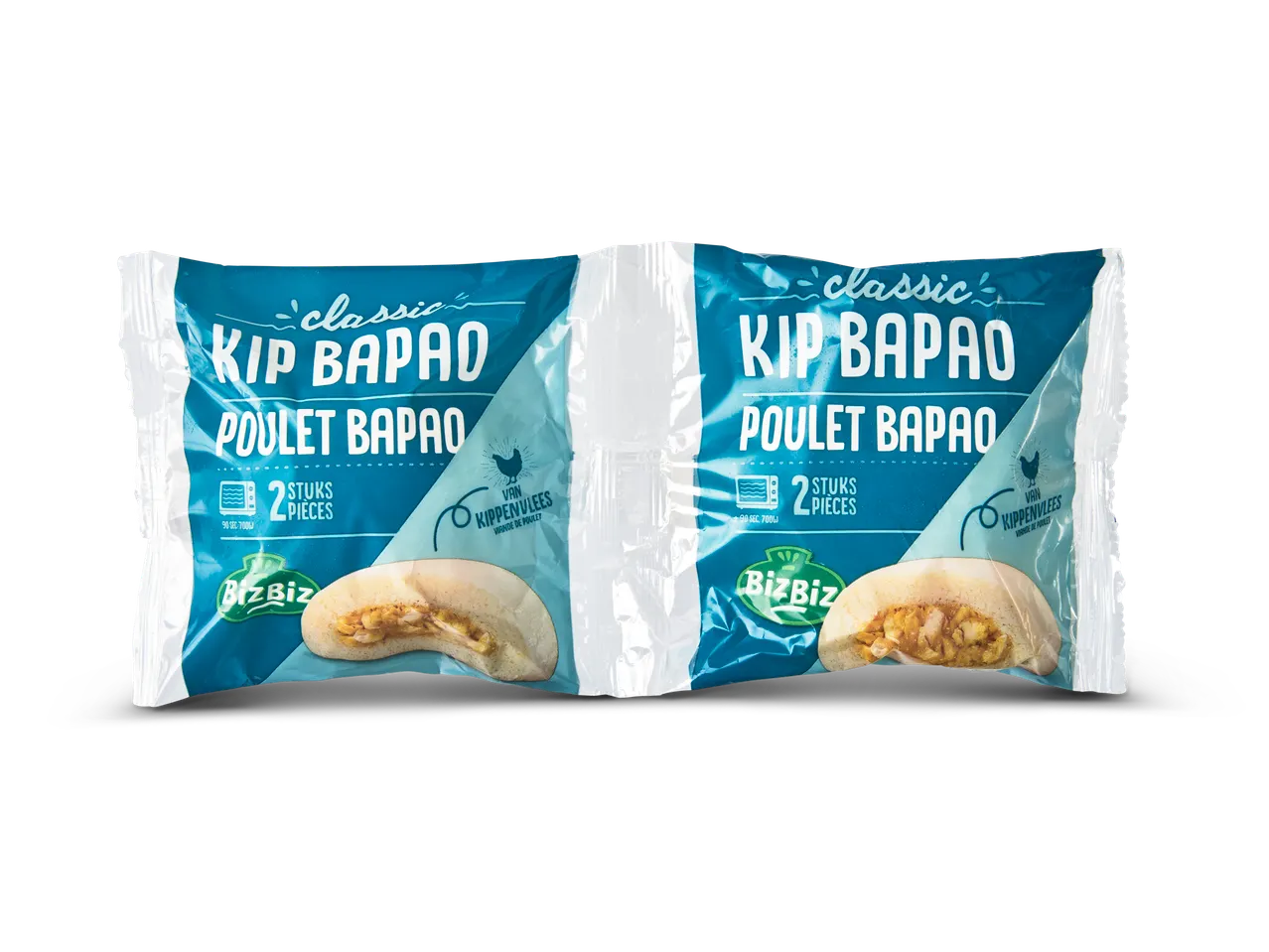 Twee BizBiz Kip Bapao broodjes, klassieke smaak.