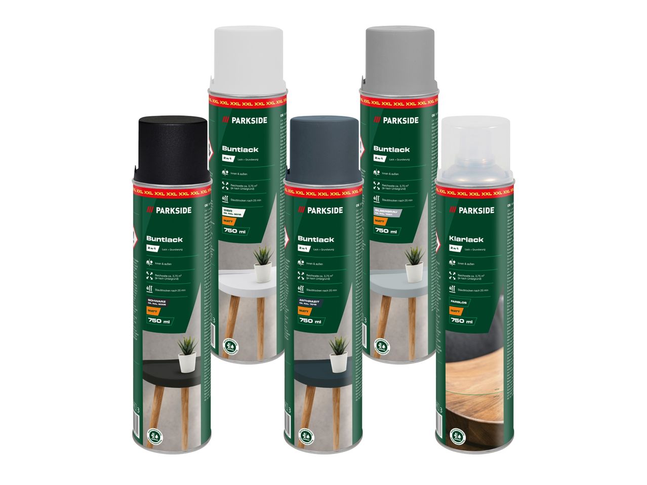 Fünf Sprühdosen Buntlack und Klarlack in verschiedenen Farben, matt, 750 ml.