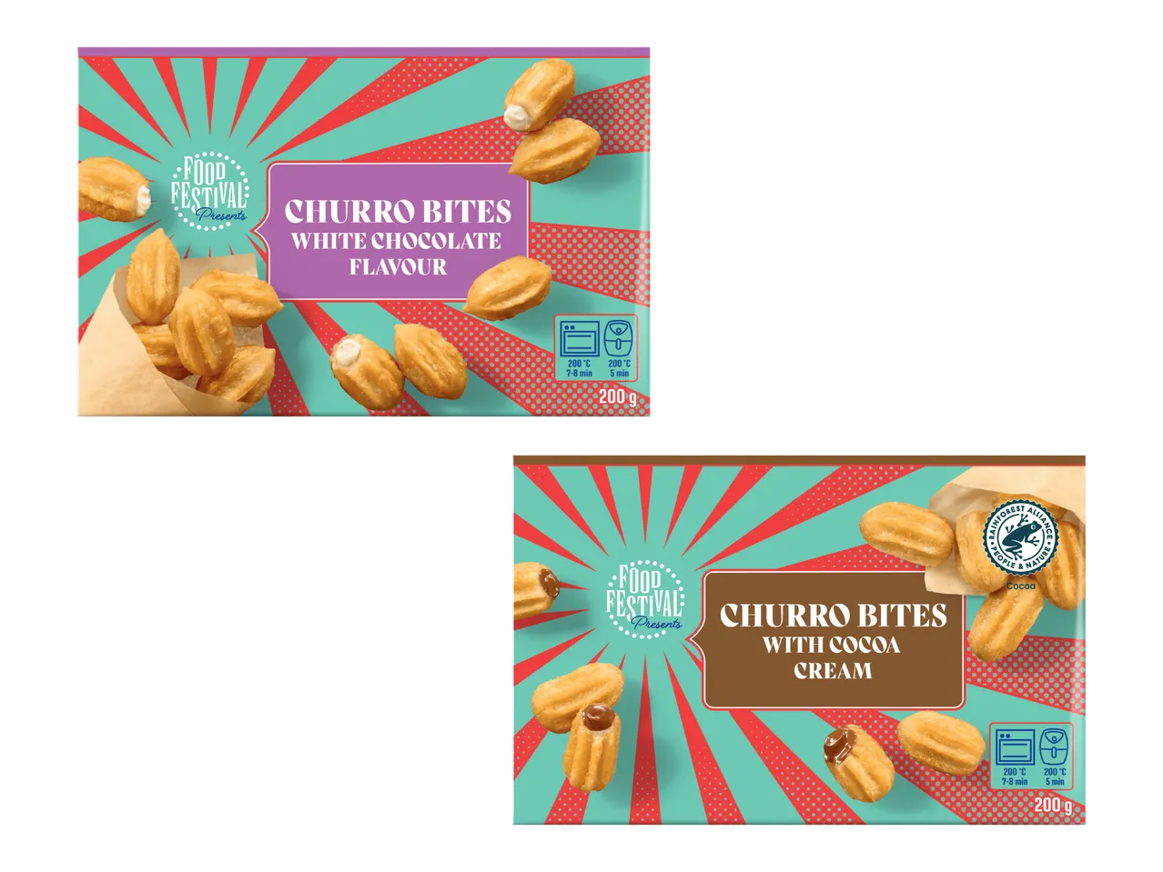 Kaksi pakkausta churro-paloja: toinen valkosuklaanmakuinen ja toinen kaakaokermalla.