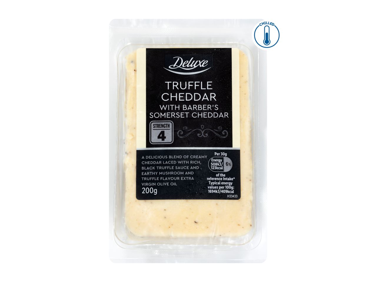 Truffle cheddar cheese with Barber's Somerset cheddar, 200g, strength 4, chilled.