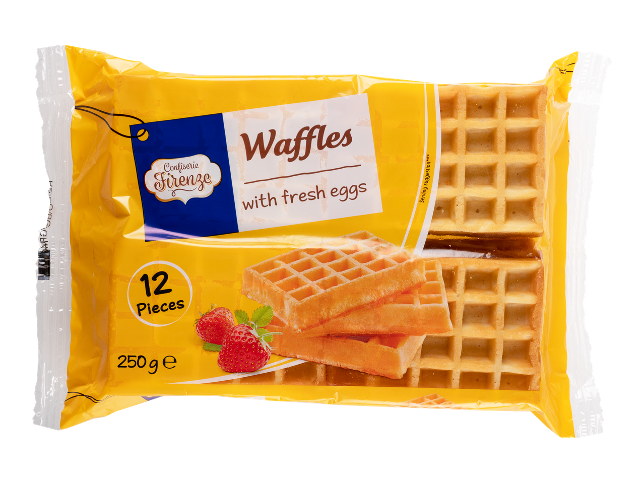 Pachet de napolitane cu 12 bucăți, cu textul 'Waffles with fresh eggs' și căpșuni.