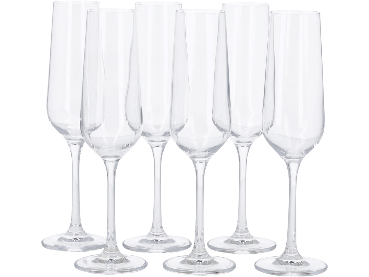 Sešas caurspīdīgas šampanieša glāzes ar gariem kātiem un platām pamatnēm