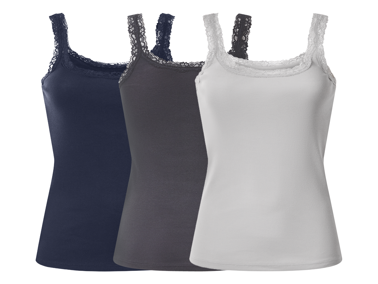 Set od tri ženske potkošulje s čipkom u tamnoplavoj, tamnosivoj i svijetlosivoj boji.