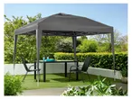 A gray pop-up gazebo provides shade over a patio table and chairs in a garden setting.