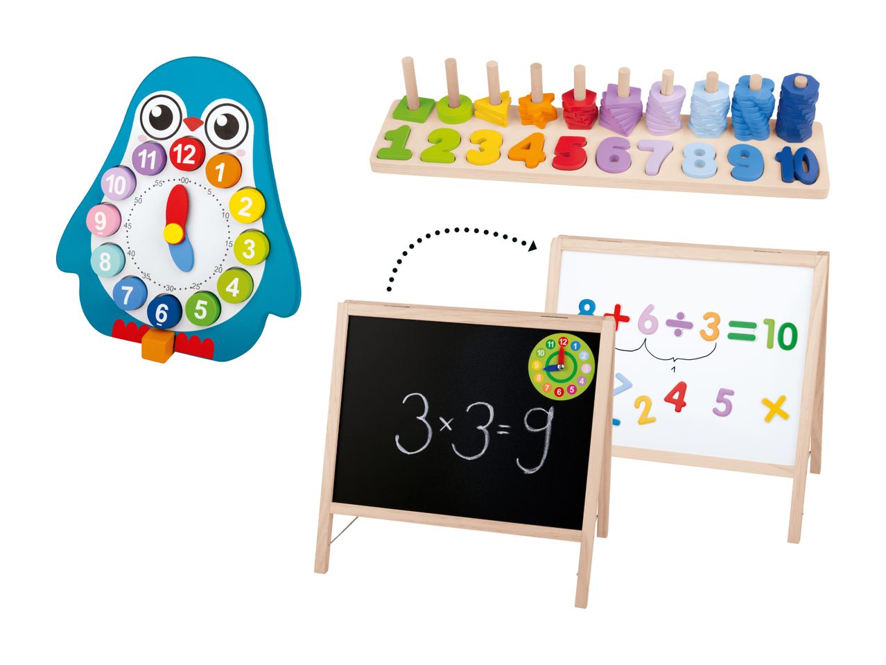 Lernspielzeug für Kinder:  schwarze und weiße Tafel, Pinguin-Zahlenspiel und farbige Rechenrahmen.