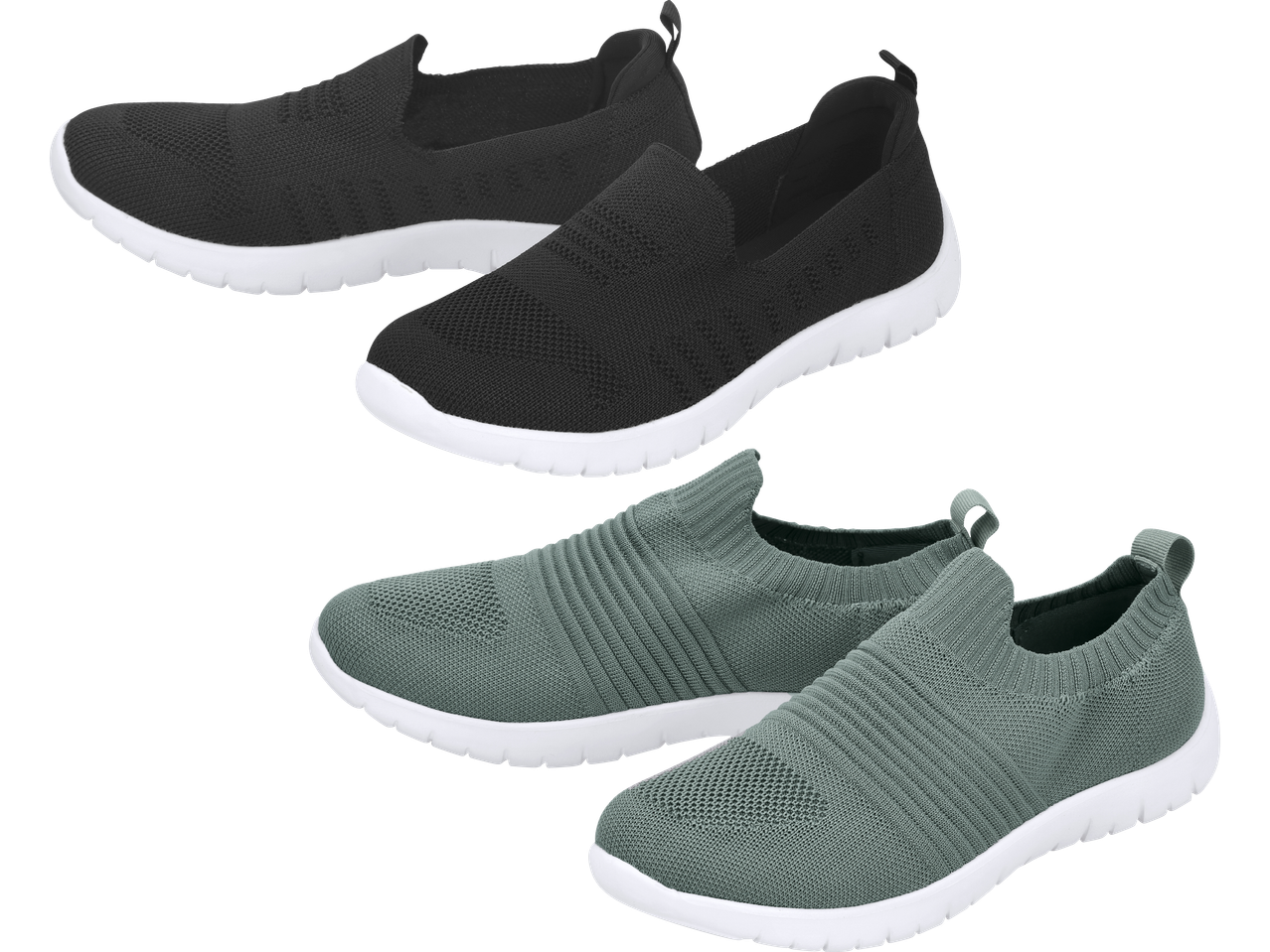 Två par svarta och ett par gröna slip-on-skor med vit sula.