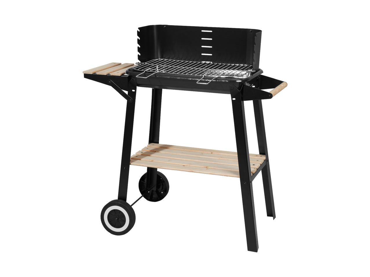 Black barbecue grill with wooden side shelf, bottom shelf, and wheels