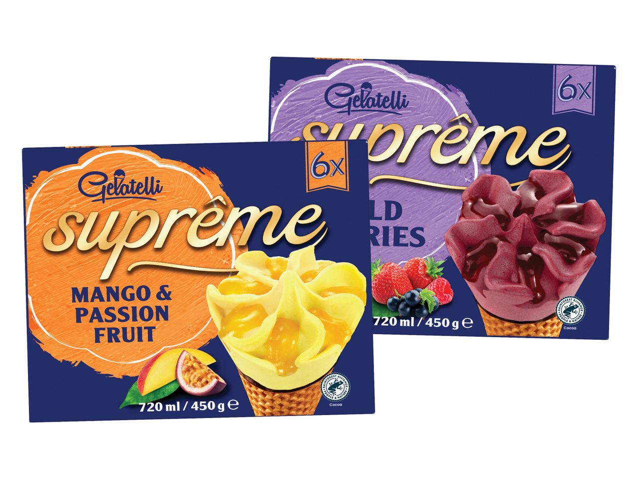 Dve škatli sladoleda Gelatelli Supreme, ena z mangom in pasijonko, druga z gozdnimi sadeži.