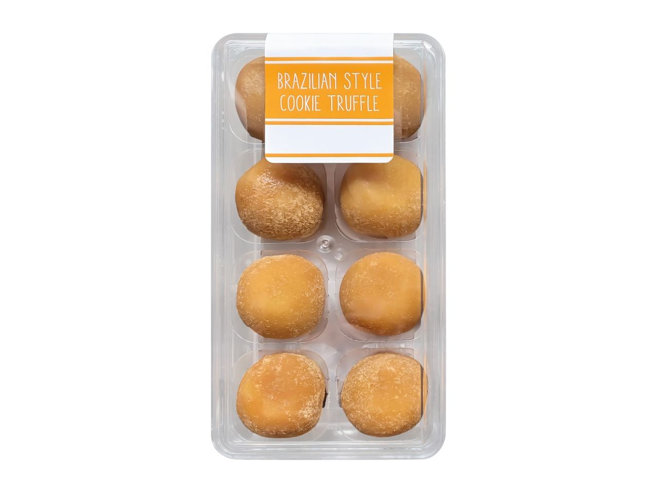 A clear plastic container with eight Brazilian-style cookie truffles, featuring an orange and white label.