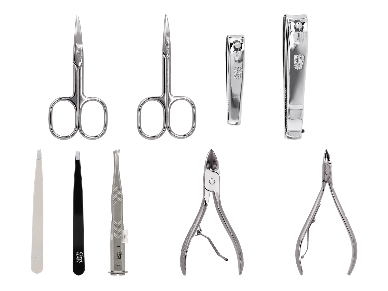 Set alata za manikuru i pedikuru, uključujući škare, grickalice i pincete, na crnoj pozadini.