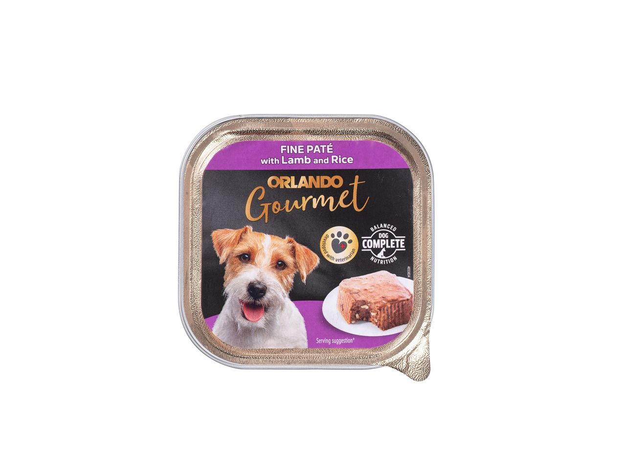 Μία μερίδα τροφής για σκύλους Orlando Gourmet σε δίσκο.