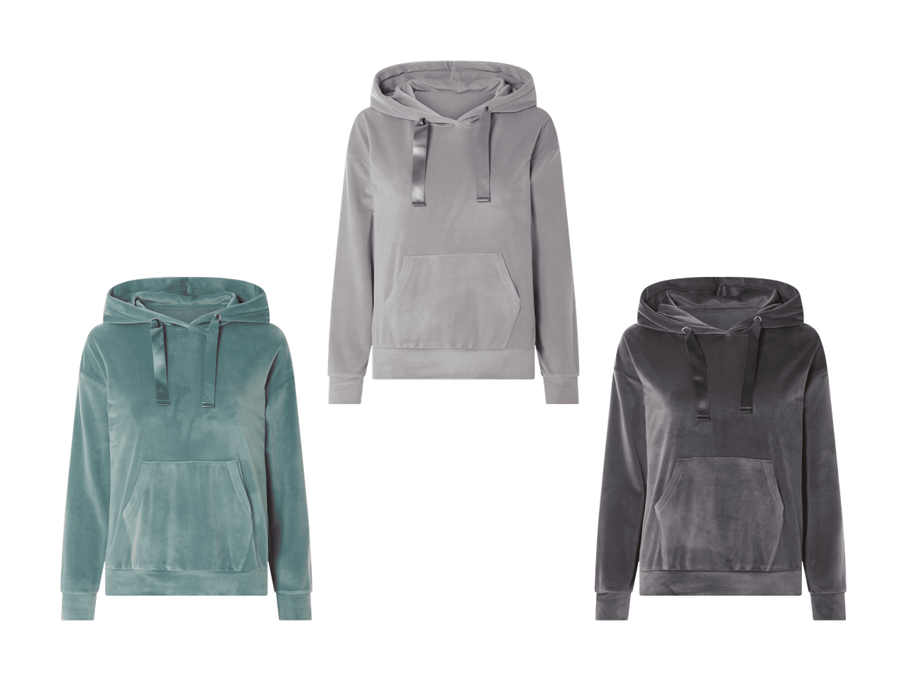 Drei Samt-Hoodies in Hellgrau, Petrol und Dunkelgrau.