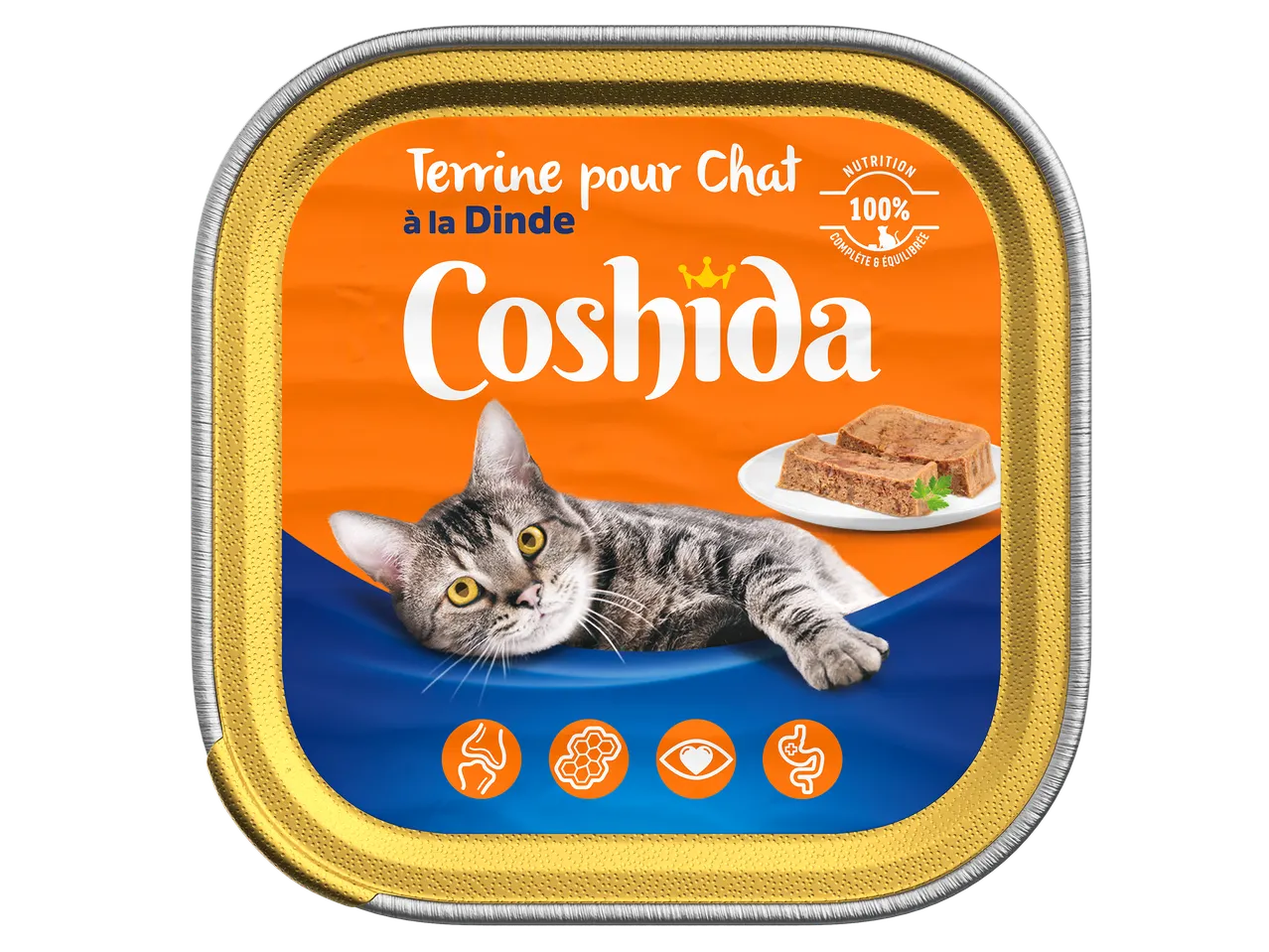 Pâtée pour chat à la dinde, nutrition 100% complète et équilibrée, avec un chat tigré.