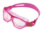 Pink swimming goggles with clear lenses and red adjustable straps