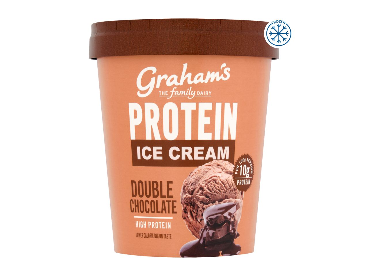 Protein ice cream tub, double chocolate flavor, with a scoop of ice cream and chocolate sauce.