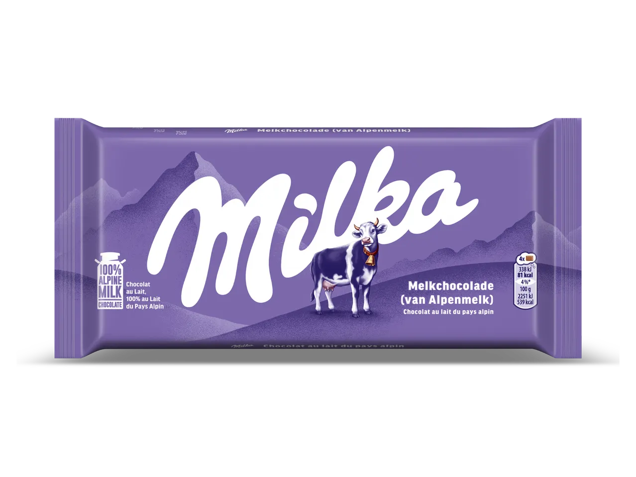 Paarse melkchocoladereep met een koe en bergen, met voedingsinformatie.