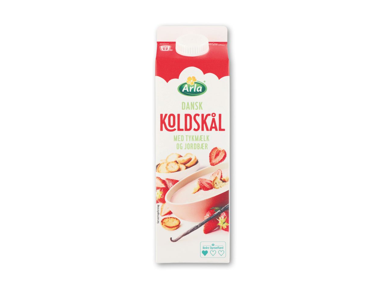 Koldskål med tykmælk og jordbær i karton, med billeder af jordbær og kammerjunker.