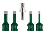 Set of four green diamond drill bits in various sizes (6mm, 8mm, 10mm, 12mm) and a silver adapter.