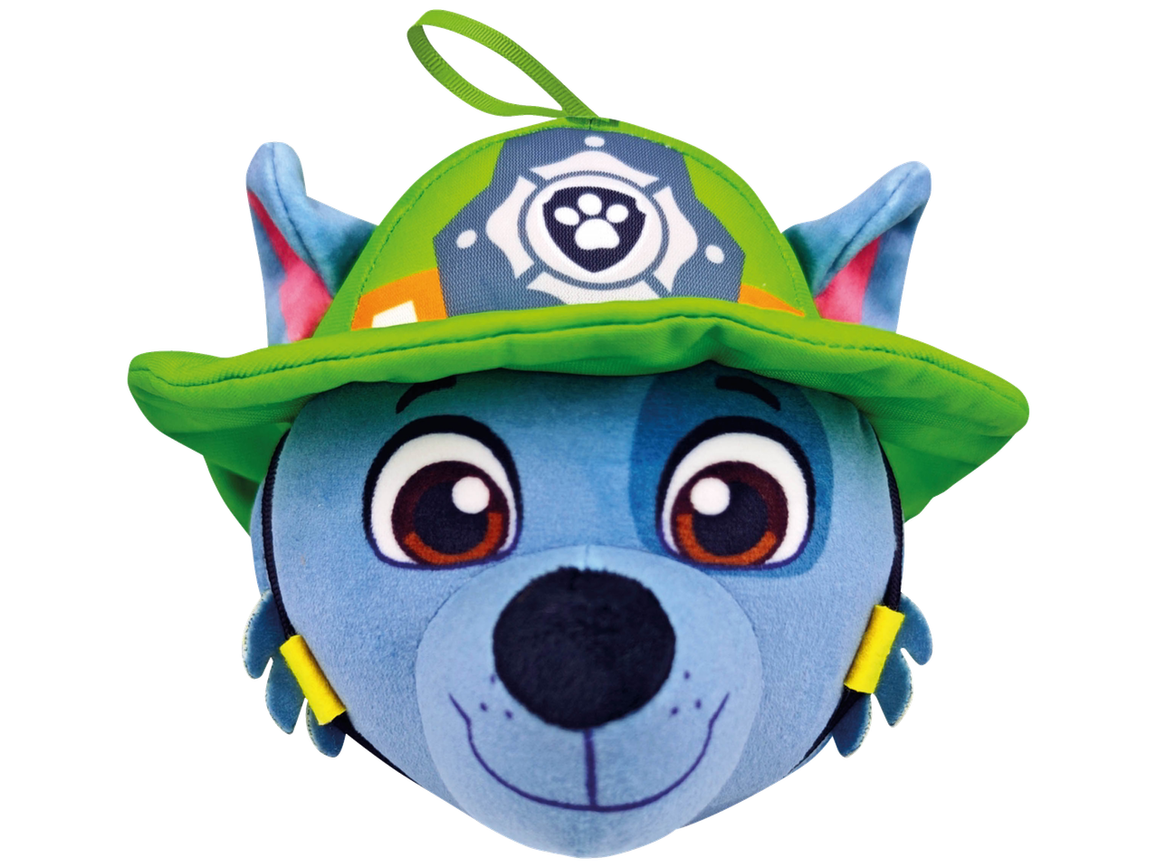 Blauwe pluche hondenhoofd verrassingsbal met groene hoed en pootafdruk-embleem.
