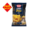 En pose frosne jumbo fritter med teksten 'Fast lav pris' i et rødt skilt.