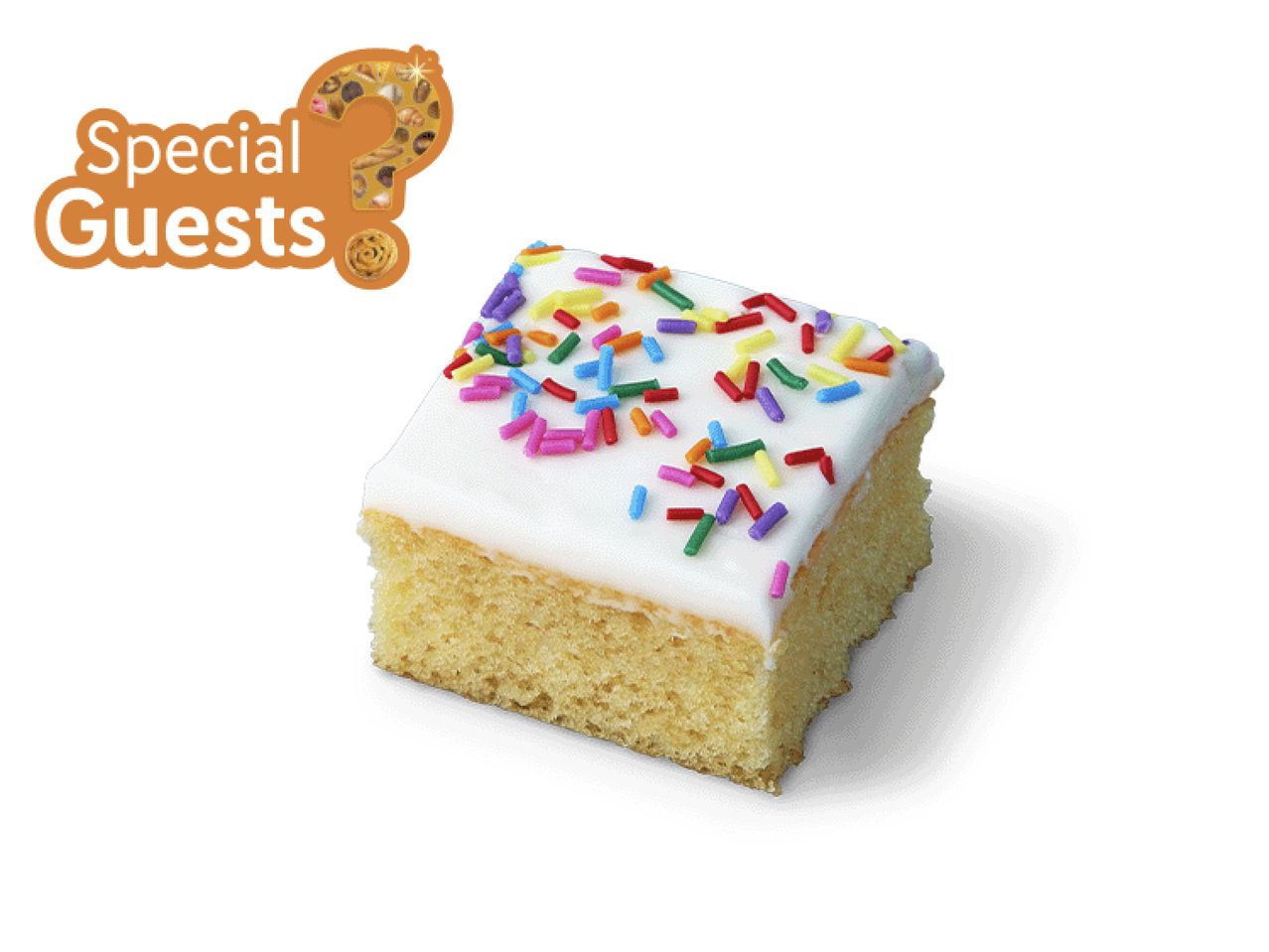 A square piece of cake with white frosting and colorful sprinkles.