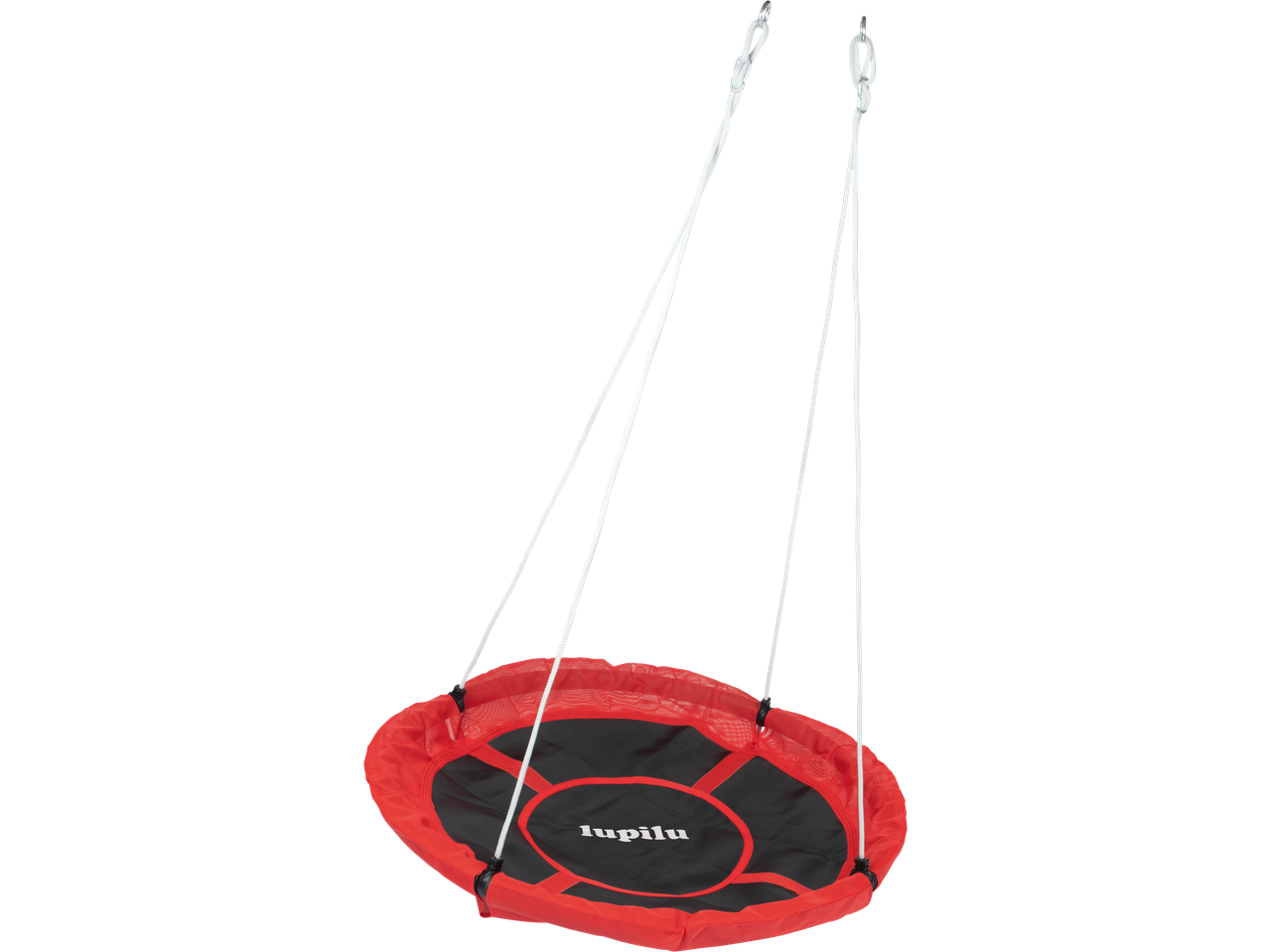 Lupilu® Nest Swing in red and black, hanging from white ropes.