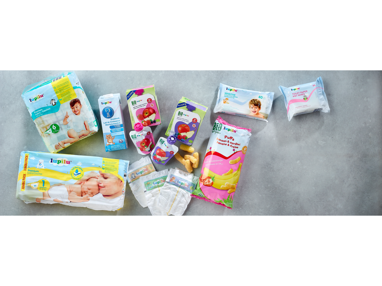 Produits pour bébés Lupilu : couches, lingettes, lait, purées de fruits et soufflés.