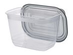 Clear plastic food storage container with a dark gray lid.