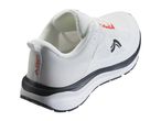 White athletic shoe with black sole and orange accents, viewed from the back and side.