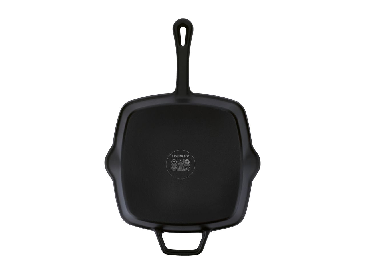 Black square grill pan with a long handle and a small helper handle, viewed from the bottom.